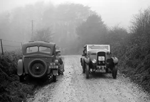 Triumph of J Cramer-Parry passing an officials Riley, MCC Exeter Trial, Blackhill, Dorset, 1930
