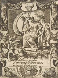 Bonasone Giulio Prints: The triumph of Juno who is sat in a carriage, set within a elaborate frame, from the (