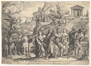 Triumph of Love: four horses draw a carriage with Cupid standing upon a smoking platfo Triumph of Love: four horses draw a carriage with Cupid standing upon a smoking platfo