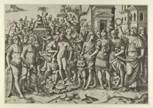 The triumph of a Roman Emperor; a young naked hero stands at center on a pile of armor... ca. 1510