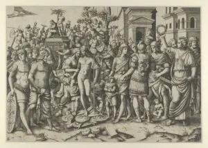 The triumph of a Roman Emperor; a young naked hero stands at center on a pile of armor... ca. 1510. Creator: Marcantonio Raimondi