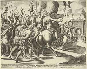 Roman Empire Collection: The Triumph of Scipio who rides on a horse followed by captured slaves, 1530-60