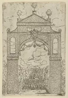 Triumphal arch covered in foliage with mounted troops below
