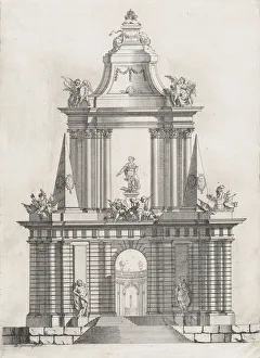 Frederick I Prints: Triumphal arch with three crowns at top, a fountain in the distance, 1726