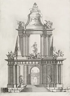 Triumphal arch with three crowns at top, a fountain in the distance, 1726