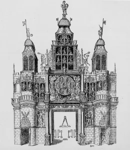 Temporary Prints: Triumphal arch erected at the time of the coronation of King James I, 1604 (1903)