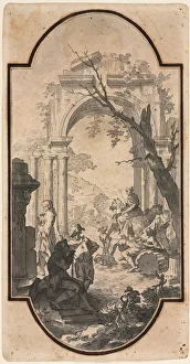 Over Black Chalk Prints: Triumphal Arch and Figures, first half 1700s