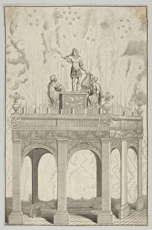 King Louis Xiv Of France Gallery: Triumphal arch with sculpture of Louis XIV as Apollo and fireworks in the backgrou... 17th century