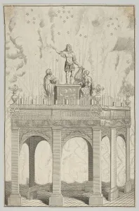 Triumphal arch with sculpture of Louis XIV as Apollo and fireworks in the backgrou... 17th century. Creator: Anon