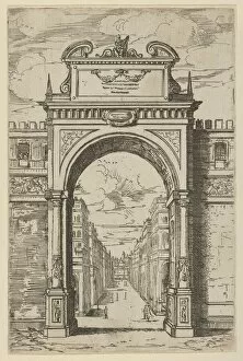 Ippolito Aldobrandini Gallery: Triumphal arch surmounted by a statue of Moses, buildings seen through the arch below