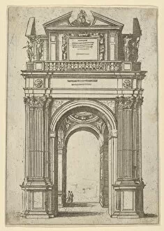 Triumphal arch surmounted by woman seated on a dolphin, four standing figures below