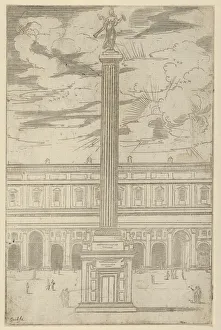Fama Prints: Triumphal column with female figure of Fame holding a trumpet at the top
