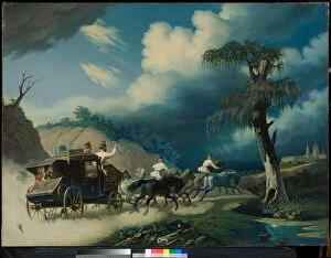 Yamshik Collection: Troika during a thunderstorm, 1830s. Creator: Hampeln, Carl, von (1794-after 1880)