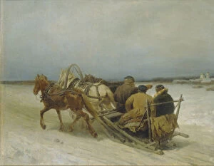 Sleigh Ride Driving Collection: Troika in Winter, 1880s. Artist: Sokolov, Pyotr Petrovich (1821-1899)