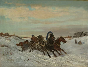 Sleigh Ride Driving Collection: Troika on a Winter Road, End 1860s-Early 1870s. Artist: Sverchkov, Nikolai Yegorovich (1817-1898)