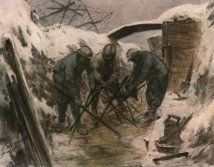 Lillustration Prints: Trois aquarelles du front; construction de reseaux barbeles dans une tranchee