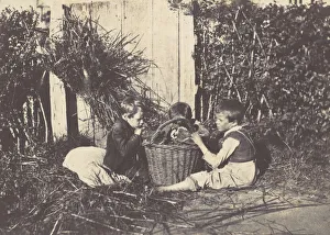 Salted Paper Print Blanquart And Xe9 Prints: Trois jeunes enfants assis autour d un panier, 1850-53. Creator: Unknown