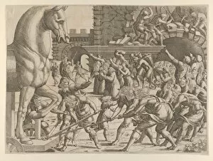 Trojan Wars Gallery: The Trojans Bring the Wooden Horse into Their City, 1535-55. Creator: Jean Mignon