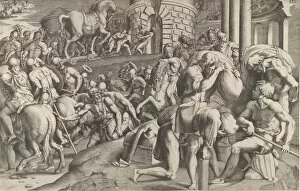Francesco Primaticcio Collection: The Trojans hauling the wooden horse into Troy, 1545. Creator: Giulio Bonasone