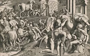 Primaticcio Francesco Collection: The Trojans pulling the wooden horse into the city, 1545. Creator: Giulio Bonasone