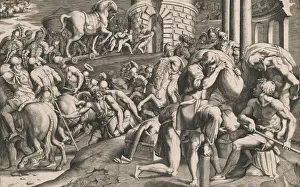 Francesco Primaticcio Collection: The Trojans pulling the wooden horse into the city, 1545. Creator: Giulio Bonasone