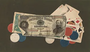 Banknote Prints: Trompe l Oeil: A Full House with Chips, $2 and $5 Bills, c. 1895. Creator: Unknown