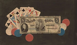 Gambling Collection: Trompe l Oeil: A Full House with Chips and a $5 Bill, c. 1895. Creator: Unknown