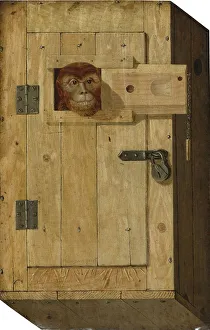 Trompe l oeil with a monkey in a wooden box. Artist: Trajtler, Josef (active Mid of 19th cen. )
