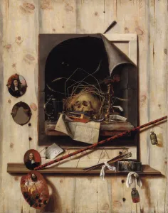 Trompe l oeil with Studio Wall and Vanitas Still Life, 1668. Artist: Gijsbrechts, Cornelis Norbertus (before 1657-after 1675)