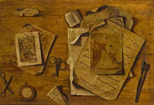 Trompe-l??il with musical score, drawings and keys, c. 1800. Artist: Anonymous