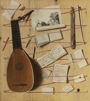 Trompe l'oeil still life with a lute, rebec and music sheets. Artist: Gijsbrechts