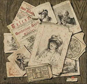 1776 Prints: Trompe l'oeil. Prints and book tear-outs on wood