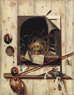 Cameo Prints: Trompe l´oeil with Vanitas Still Life, 1668. Creator: Cornelis Norbertus Gysbrechts
