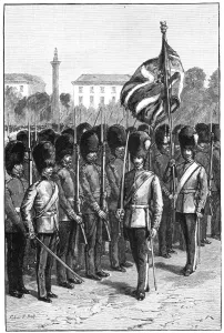 Trooping the Colour on the queens birthday, St Jamess Park, London, 1900. Artist: Sydney Prior Hall