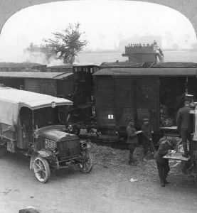 Two Decker Gallery: Troops and supplies are rushed from a railhead to the firing line, World War I, c1914-c1918