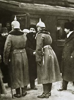 Negotiating Gallery: Trotsky and Russian delegates welcomed by German officers, Brest-Litovsk, Russia, 1917
