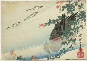 Trout Prints: Trout, duck, and bush clover, c. 1840. Creator: Ando Hiroshige
