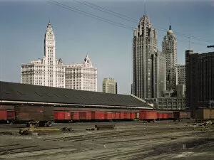 Trucks unloading at the inbound freight house of the Illinois Central Railroad...Chicago, Ill