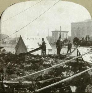 Barbers Shop Prints: True grit - Barber painting sign on tent stretched on sidewalk of former place, 1906