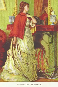 Chimneypiece Prints: Trying on the dress, 1876. Creator: Unknown