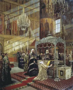 Alexis I Collection: Tsar Alexis and Patriarch Nikon at the coffin of Metropolitan Philip of Moscow, 17th century (1886)