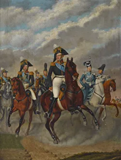 Alexander Nikolayevich Collection: Tsar Nicholas I of Russia with Tsarevich Alexander and his Retinue. Creator: Krüger