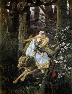 Viktor Vasnetsov Gallery: Tsarevich Ivan Riding the Grey Wolf, 1889. Artist: Viktor Mihajlovic Vasnecov