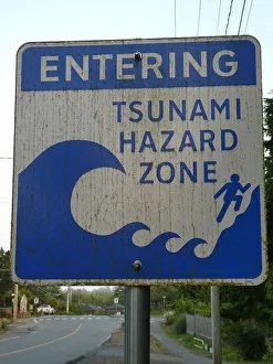 Tsunami warning road sign, British Columbia, Canada 2018. Creator: Unknown