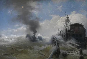 Tugboat Prints: A Tug Leaving the Port of Ostend at High Tide, 1878. Creator: Andreas Achenbach