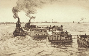 Tugboat Prints: Tugboats and Barges, 1887. Creator: Charles Adam Platt