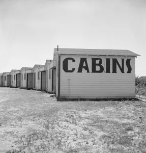 Cabins Prints: Between Tulare and Fresno, On U. S. 99, 1939. Creator: Dorothea Lange