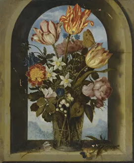 Ambrosius Collection: tulips, moss-roses, lily-of-the-valley and other flowers in a glass beaker set in an arched stone wi