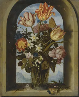 Ambrosius Prints: tulips, moss-roses, lily-of-the-valley and other flowers in a glass beaker set in an arched stone wi