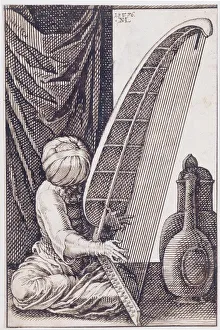 Lyra Prints: Turk Playing a Harp, 1576. Artist: Lorch, Melchior (1527?1588)